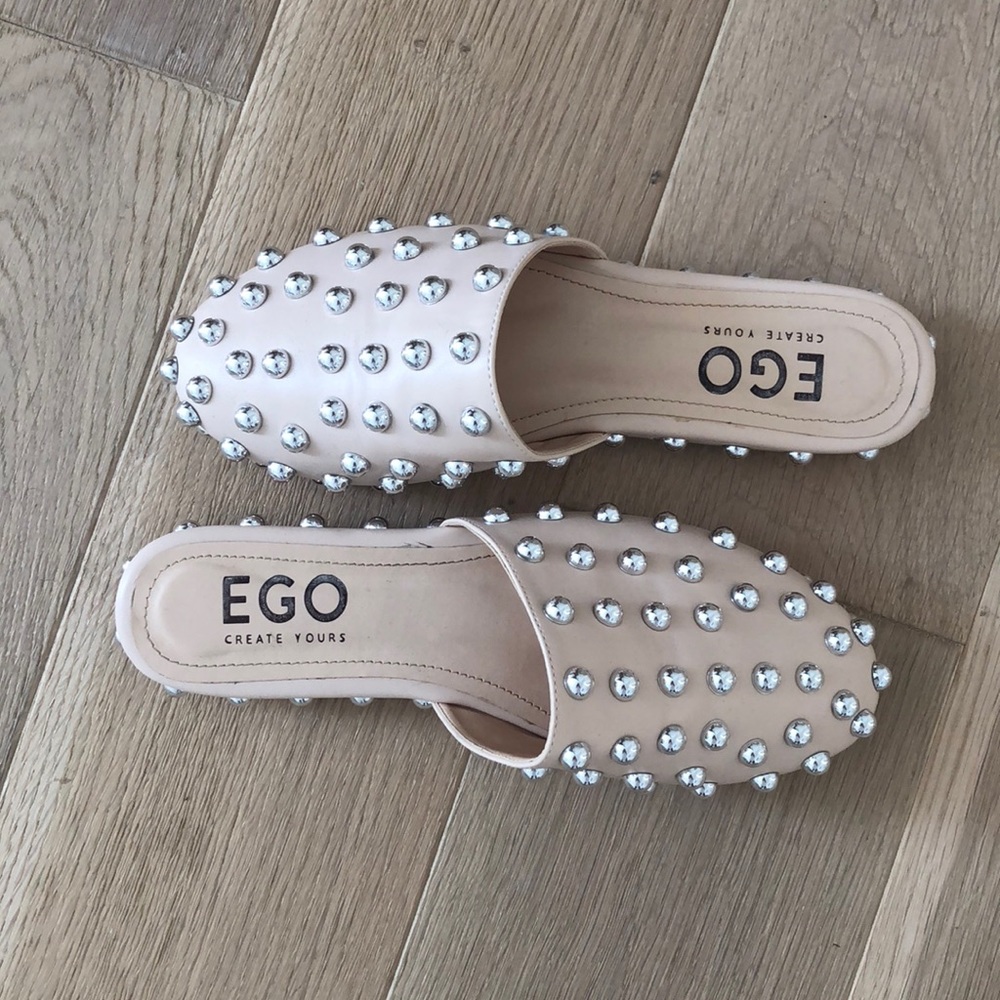 Studded faux leather flats, mules, slides